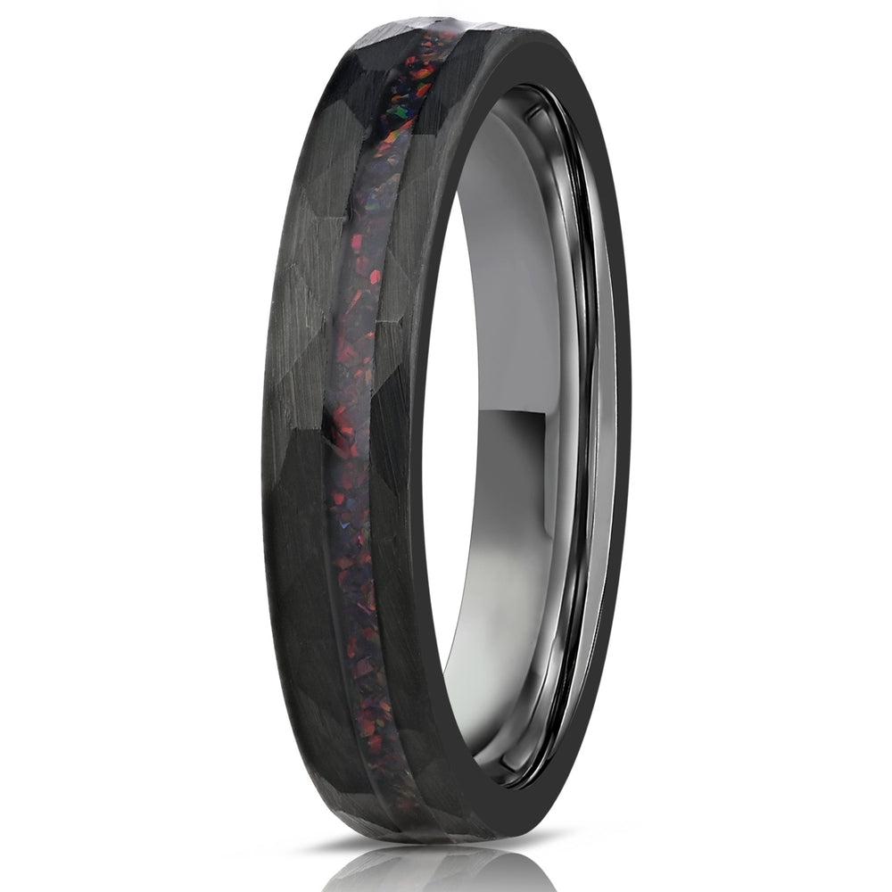 "Zeus" Womens Hammered Tungsten Carbide Ring- Black w/ Black Opal Strip- 4mm-Rings By Lux