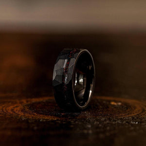 "Zeus" Hammered Tungsten Carbide Ring- Black w/ Black Opal Strip- 8mm-Rings By Lux