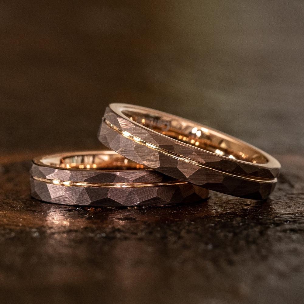 "Zeus" Womens Hammered Tungsten Carbide Ring- Chocolate w/ Rose Gold Strip- 4mm-Rings By Lux