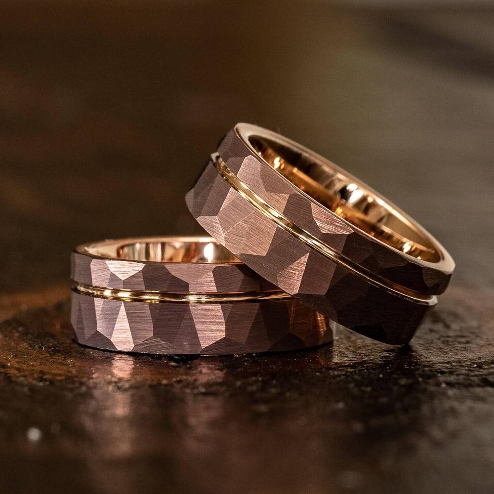 "Zeus" Hammered Tungsten Carbide Ring- Coffee with Rose Gold-Rings By Lux
