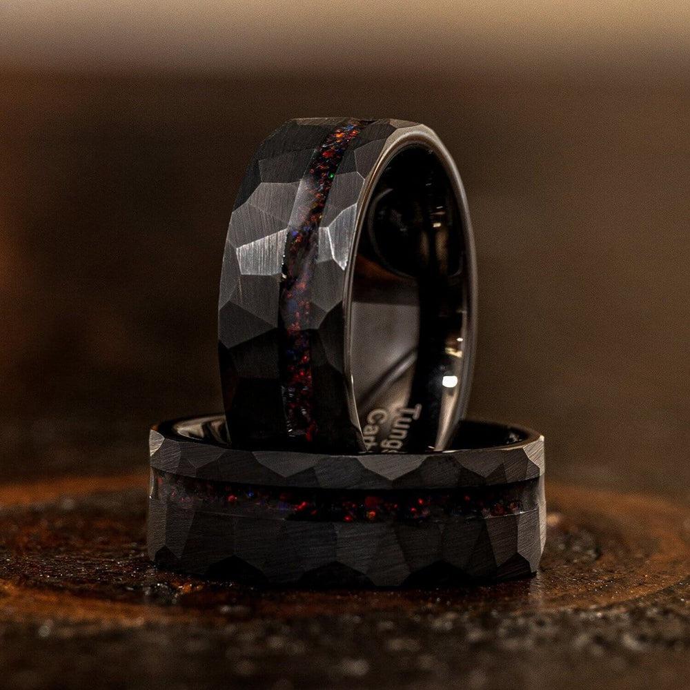 "Zeus" Hammered Tungsten Carbide Ring- Black w/ Black Opal Strip- 8mm-Rings By Lux