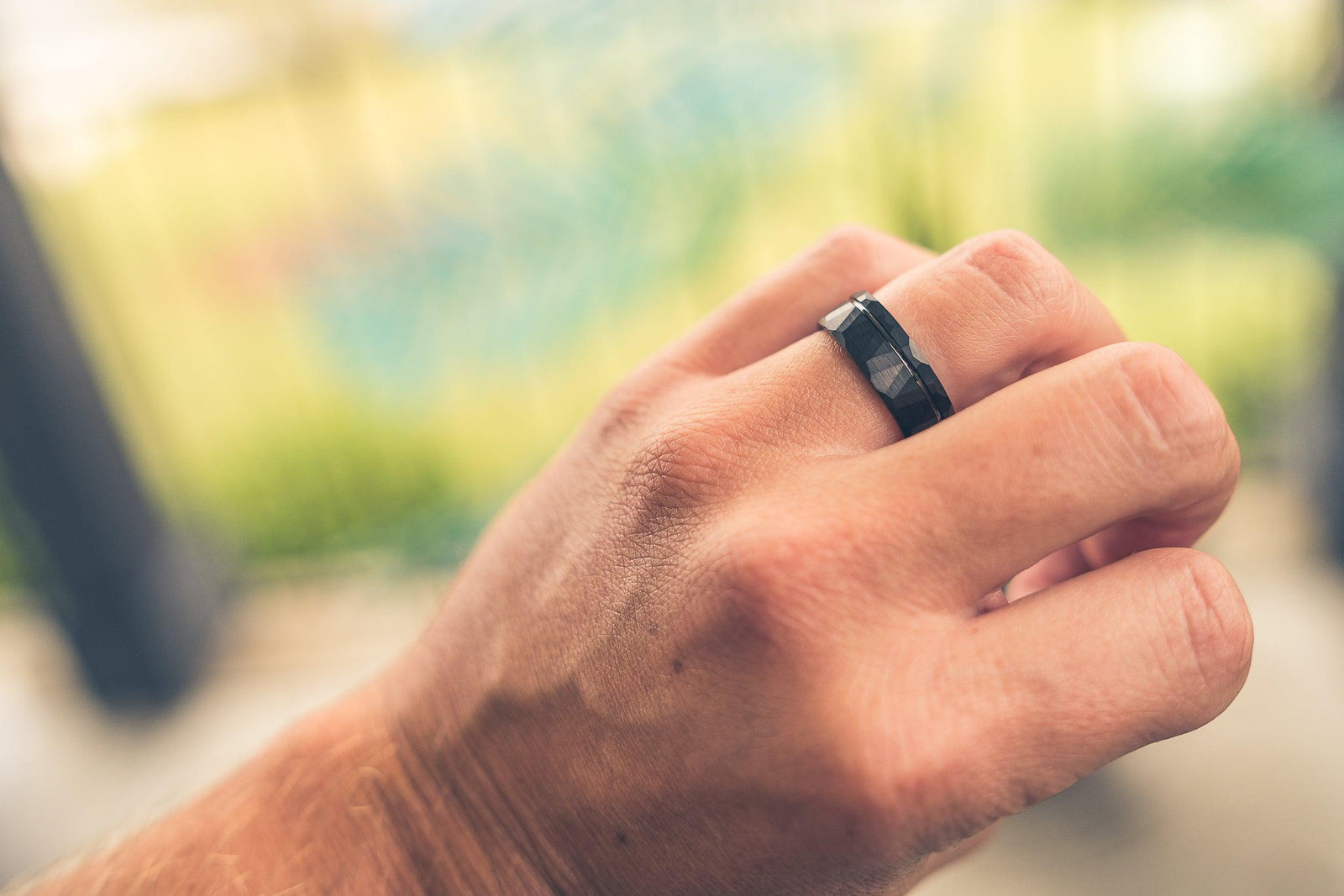 "Zeus" Hammered Tungsten Carbide Ring- Flat with Black Strip- 6mm/8mm