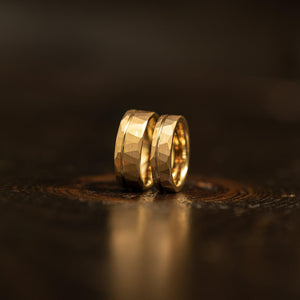 "Zeus" Hammered Tungsten Carbide Ring- Flat with Yellow Gold Strip- 6mm/8mm