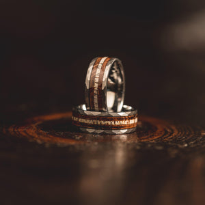 "Zeus" Hammered Ring- Silver with Charred Whiskey Barrel and Antler
