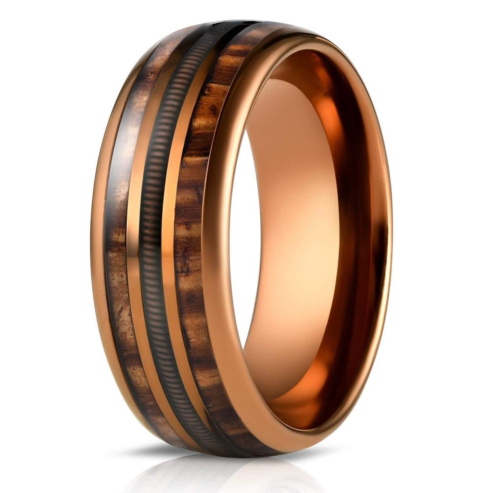 "Dionysus" Hawaiian Koa Wood x Guitar String Ring- Rose Gold Tungsten-Rings By Lux