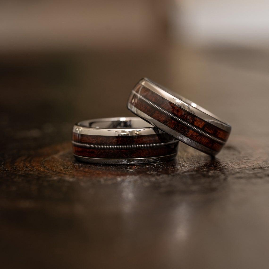 "Dionysus" Ironwood Wood x Guitar String Ring- Bright Silver Tungsten