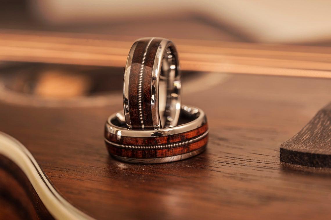 "Dionysus" Ironwood Wood x Guitar String Ring- Bright Silver Tungsten