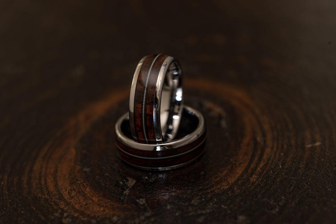 "Dionysus" Ironwood Wood x Guitar String Ring- Bright Silver Tungsten