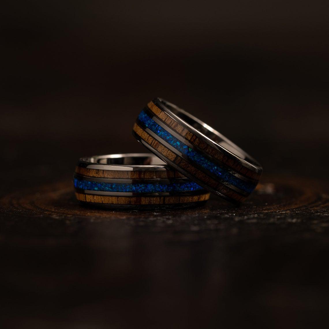 "Dionysus" Whisky Barrel x Blue Opal Gunmetal Tungsten Ring