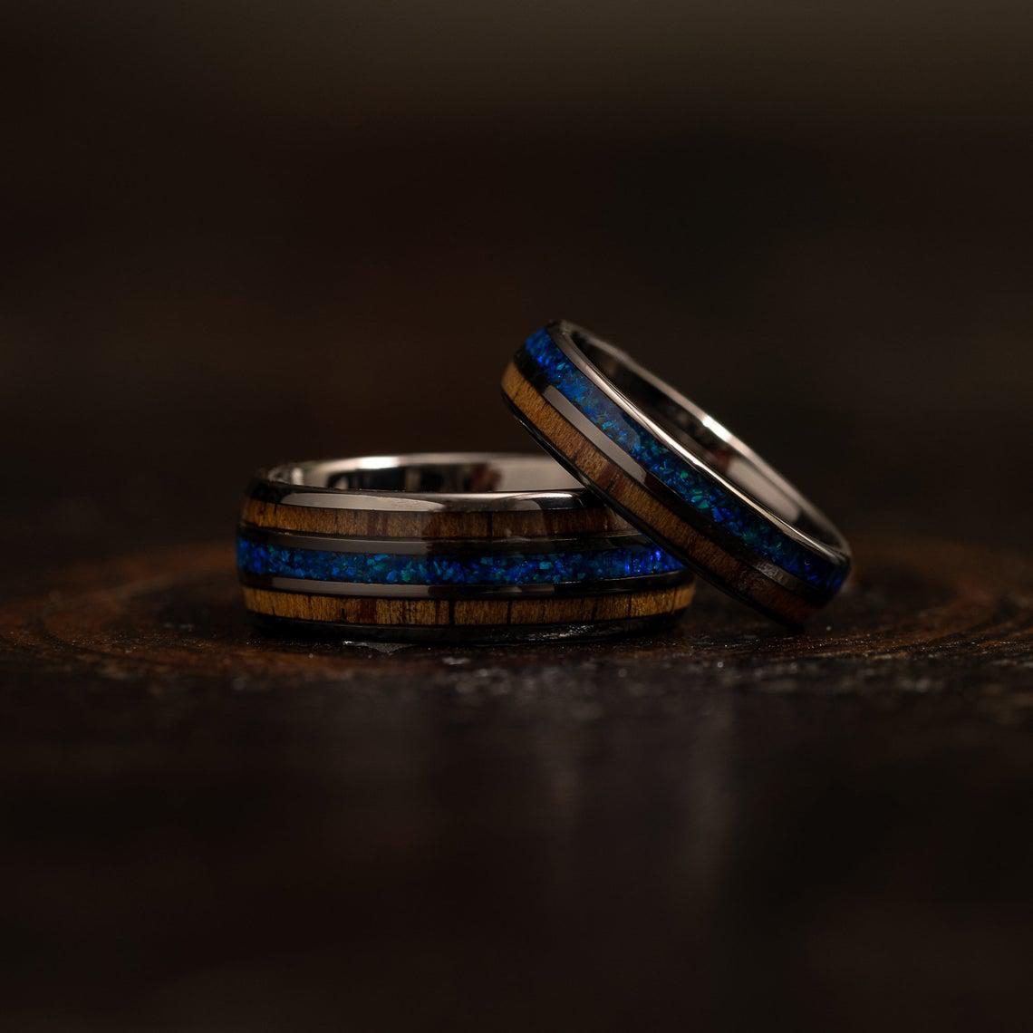 "Dionysus" Whisky Barrel x Blue Opal Gunmetal Tungsten Ring