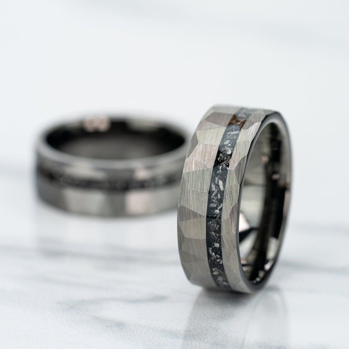 "Zeus" Hammered Tungsten Carbide Ring- Silver w/ Meteorite- 8mm