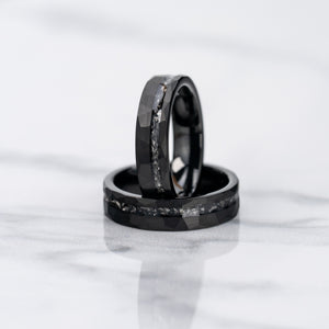 "Zeus" Hammered Tungsten Carbide Ring- Womens Black w/ Meteorite- 5mm