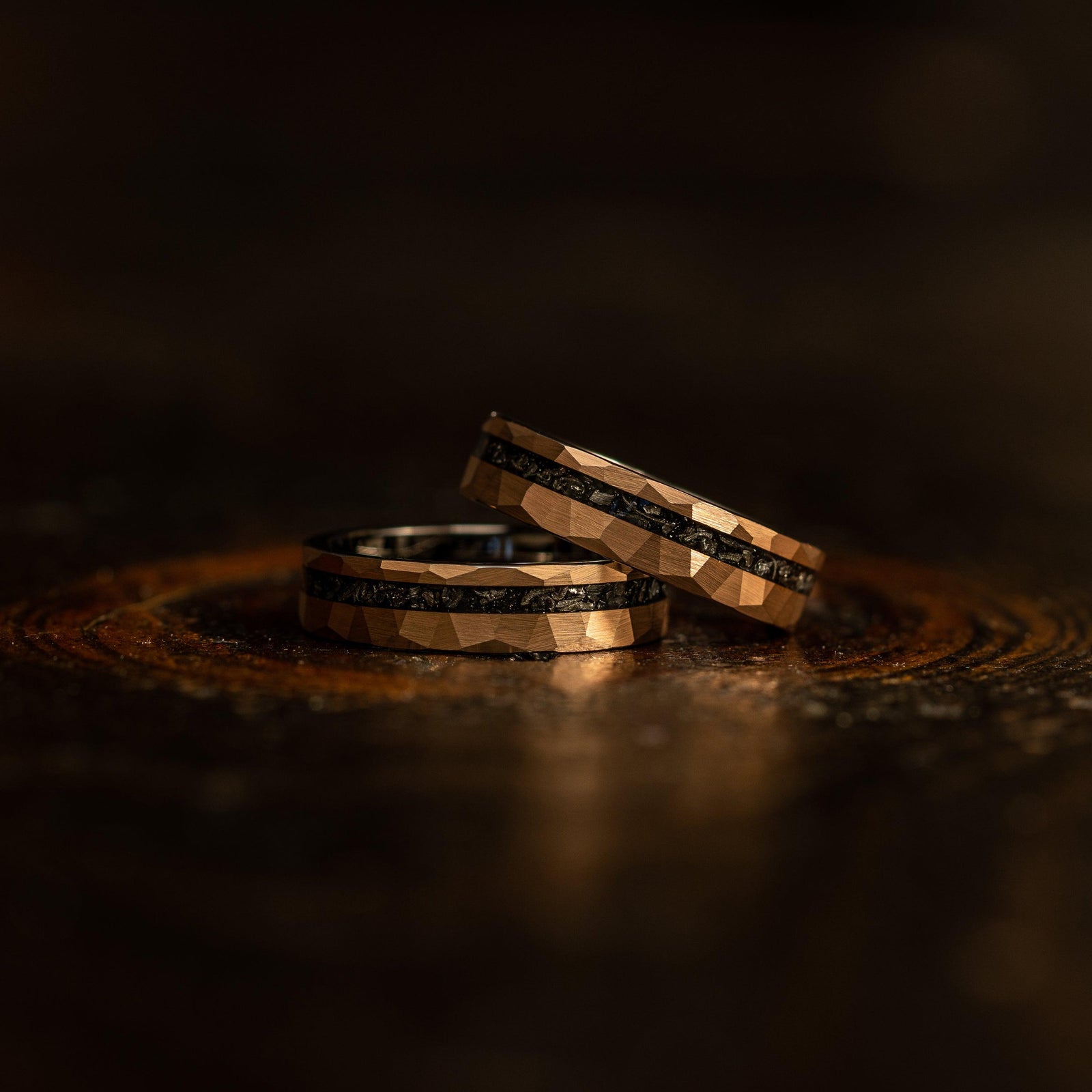 "Zeus" Hammered Tungsten Carbide Ring- Womens Copper/Rose w/ Meteorite- 5mm