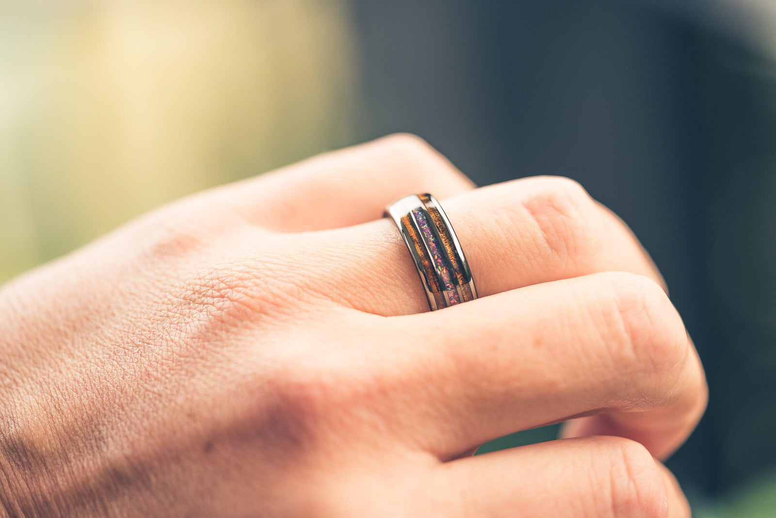 "Dionysus" Koa x Purple Galactic Opal - Smoked rose gold Tungsten Ring