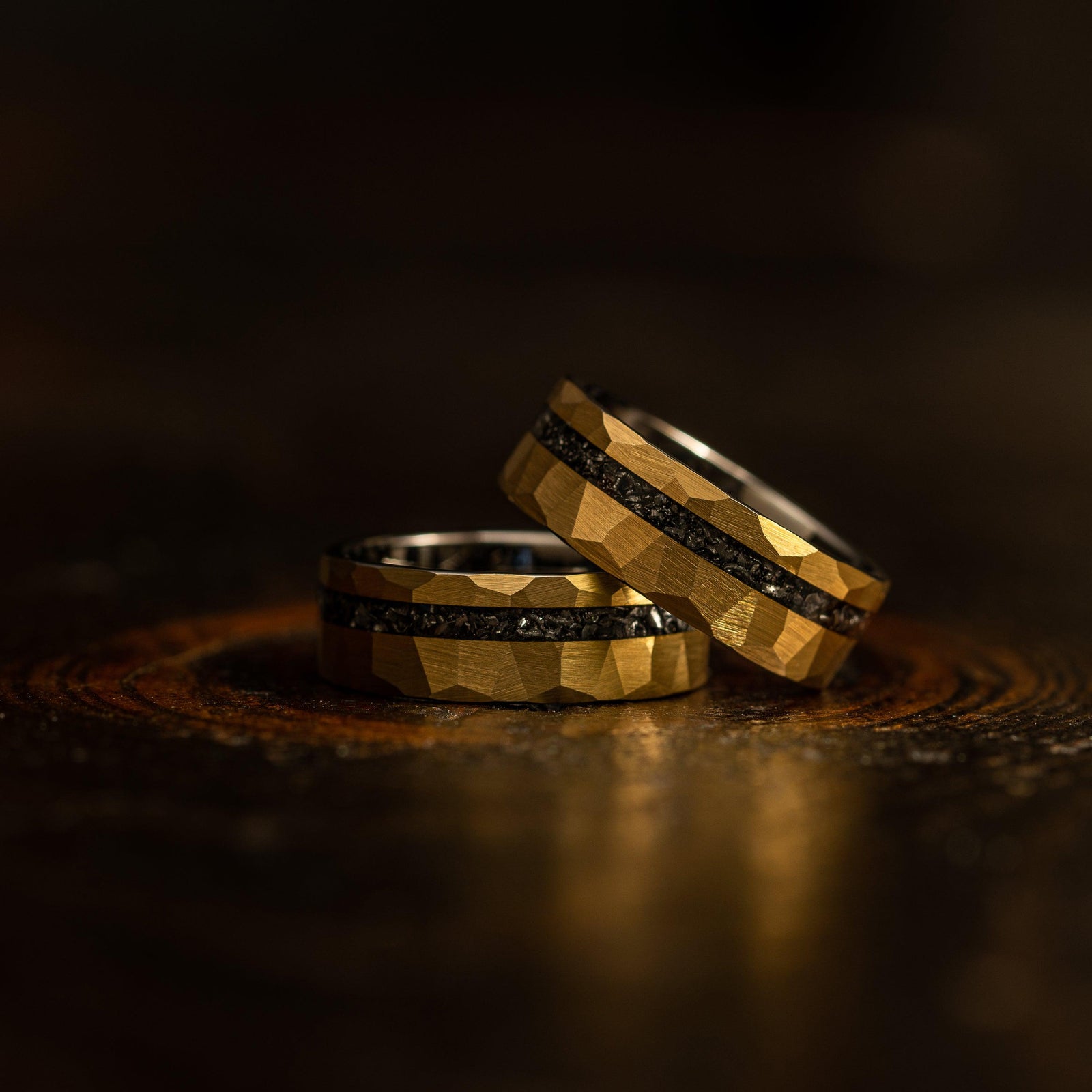 "Zeus" Hammered Tungsten Carbide Ring- Yellow Gold w/ Meteorite- 8mm