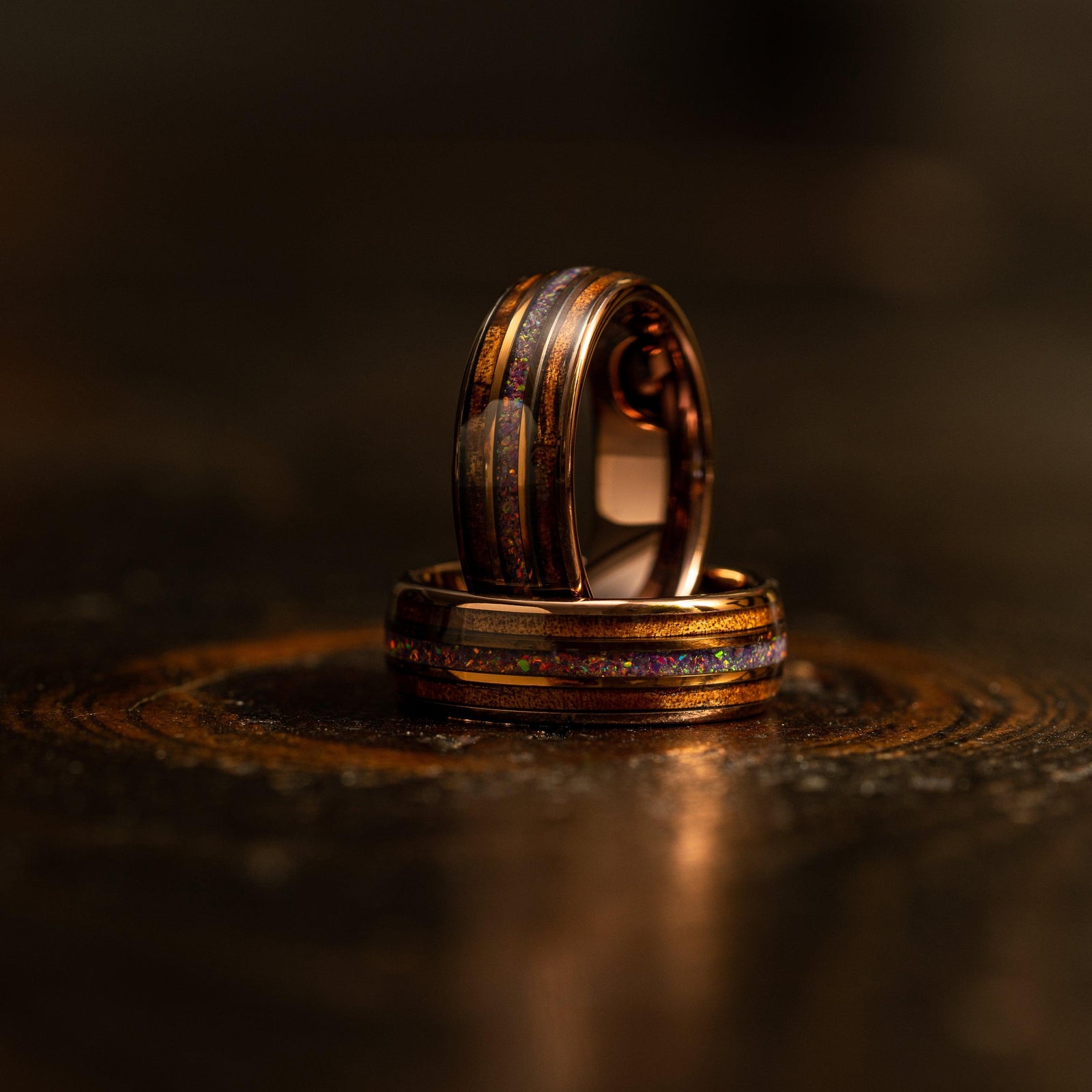 "Dionysus" Koa x Purple Galactic Opal - Smoked rose gold Tungsten Ring