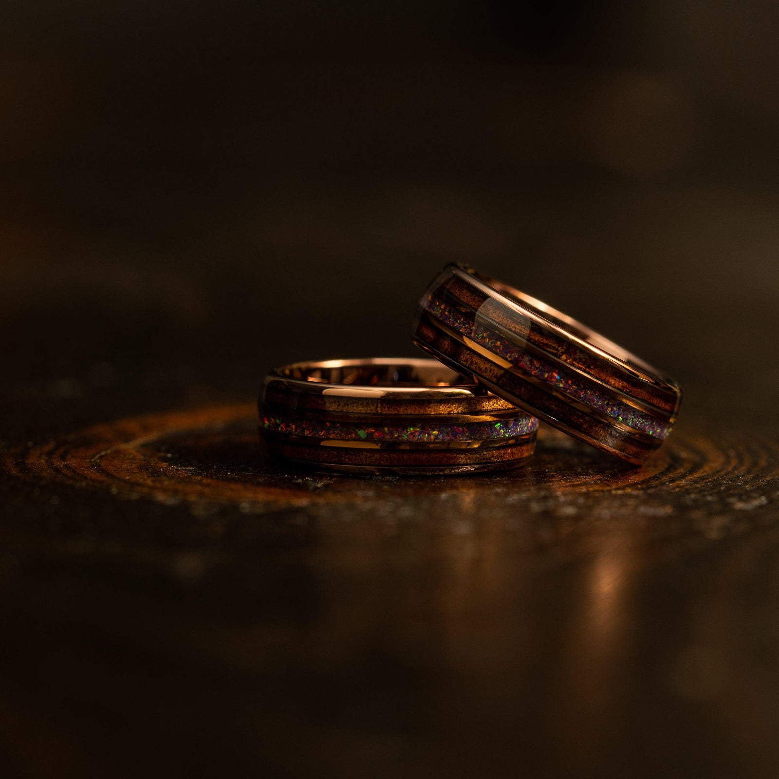 "Dionysus" Koa x Purple Galactic Opal - Smoked rose gold Tungsten Ring