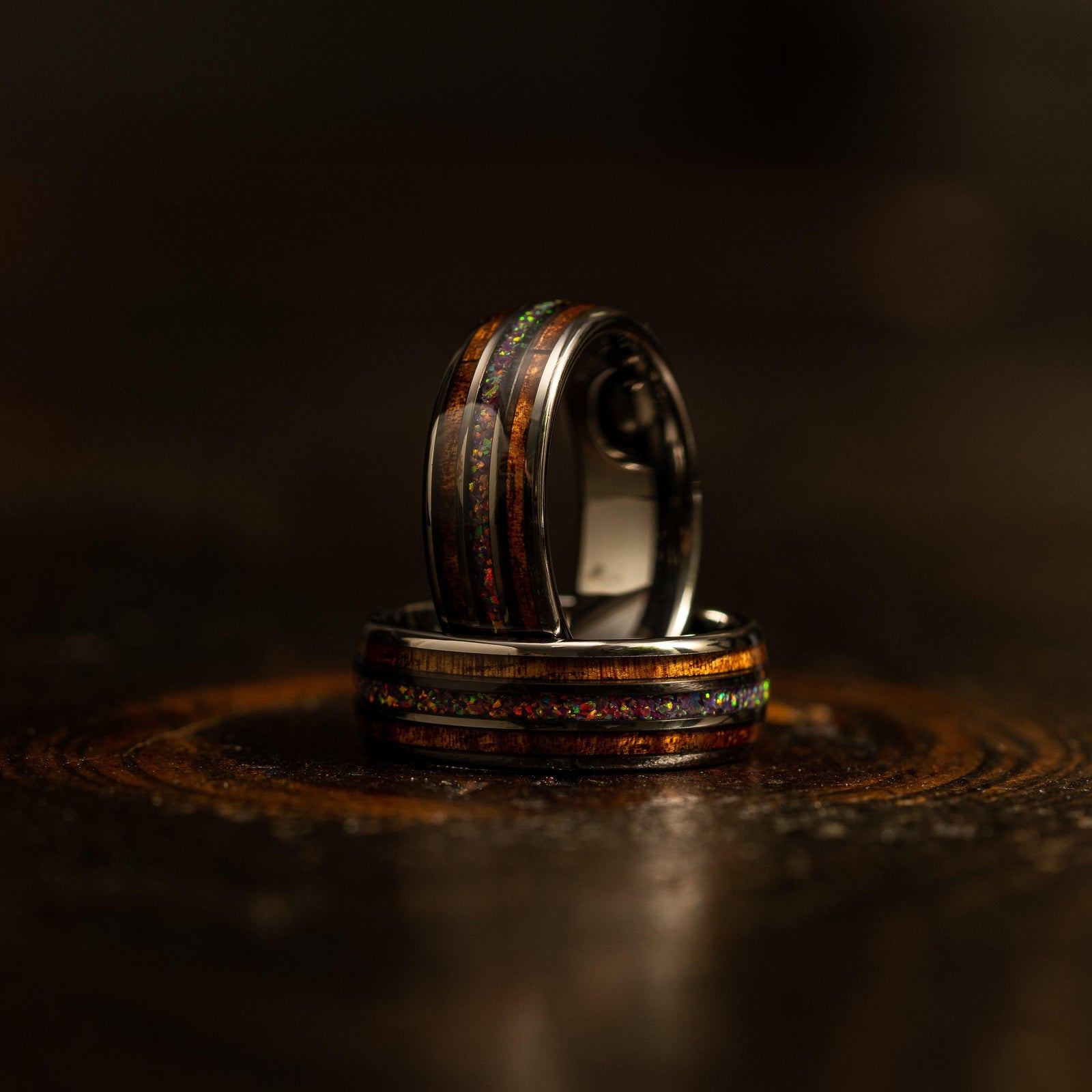 "Dionysus" Koa x Purple Galactic Opal Gunmetal Tungsten Ring
