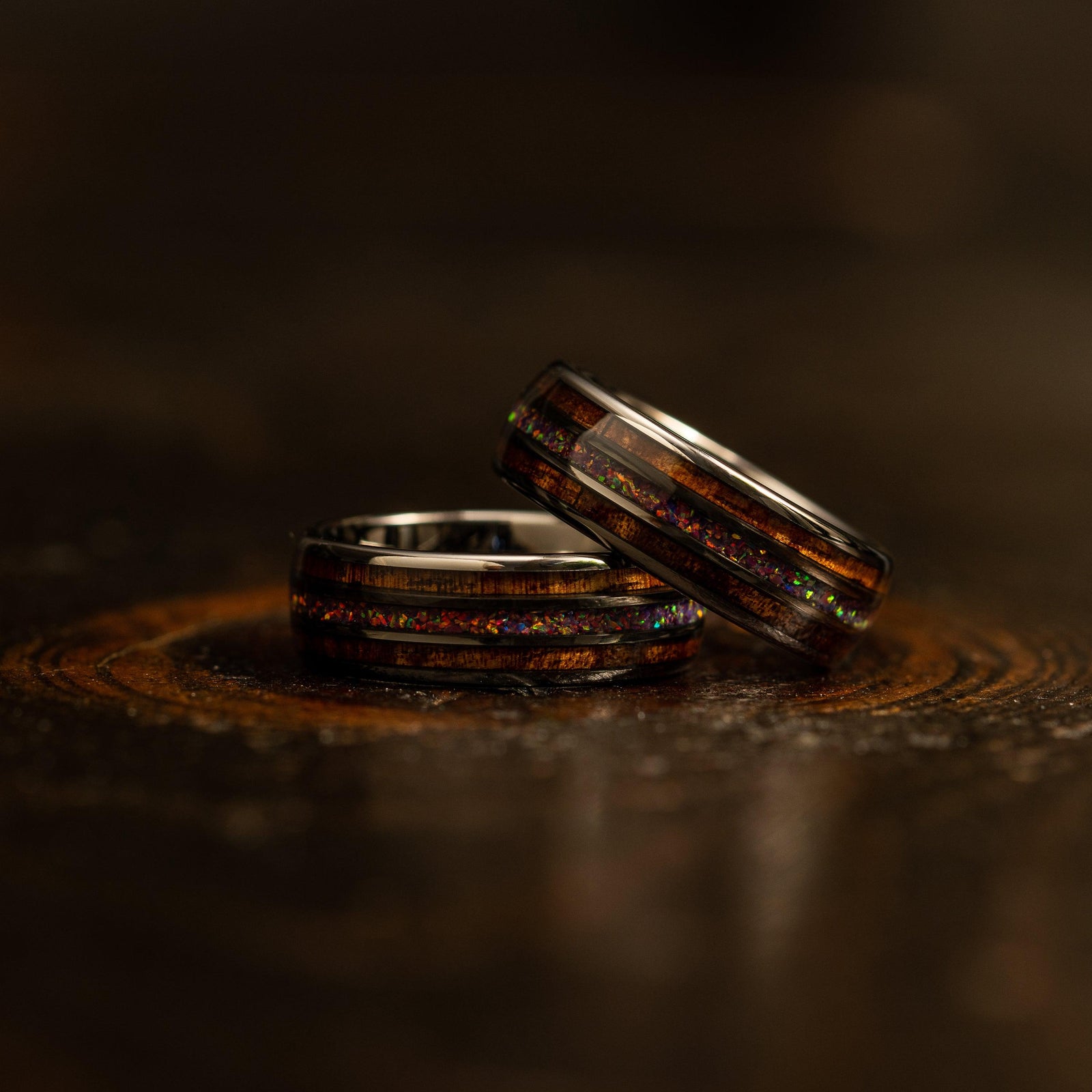 "Dionysus" Koa x Purple Galactic Opal Gunmetal Tungsten Ring