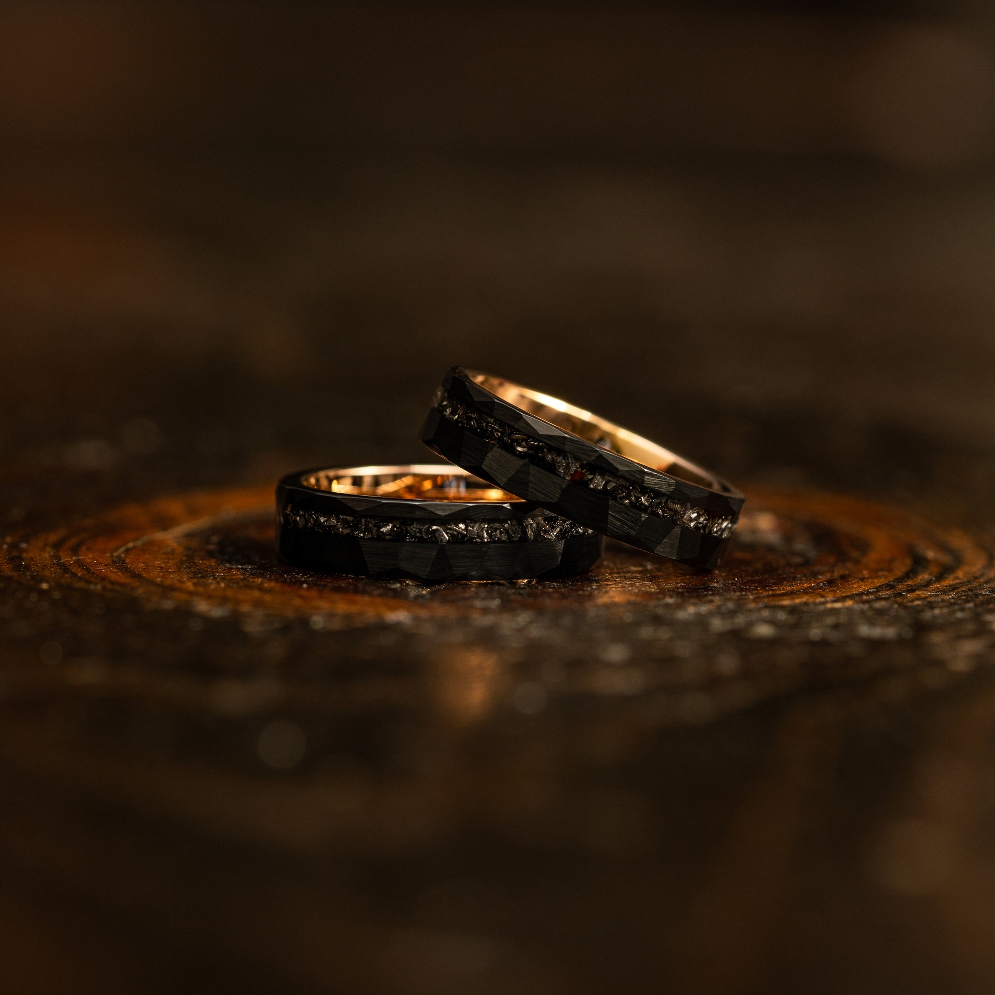 "Zeus" Hammered Tungsten Carbide Ring- Womens Black X Rose Gold w/ Meteorite- 5mm