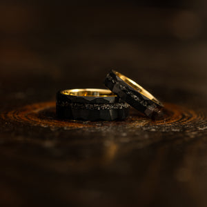"Zeus" Hammered Tungsten Carbide Ring- Black/Yellow Gold w/ Meteorite- 8mm