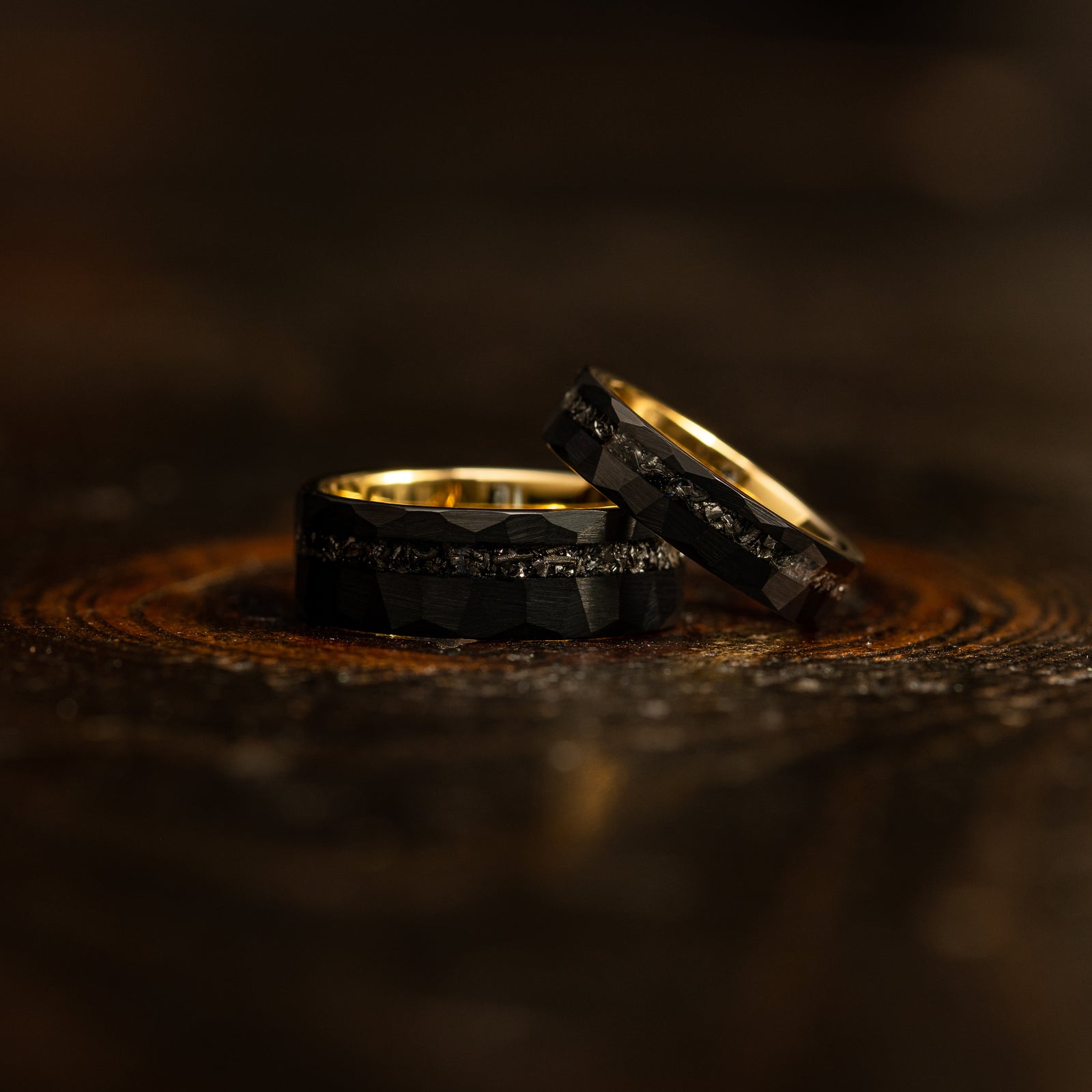 "Zeus" Hammered Tungsten Carbide Ring- Womens Black/Yellow w/ Meteorite- 5mm