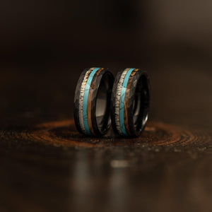 "Zeus" Hammered Ring- Black with Charred Whiskey Barrel, Turquoise and Antler