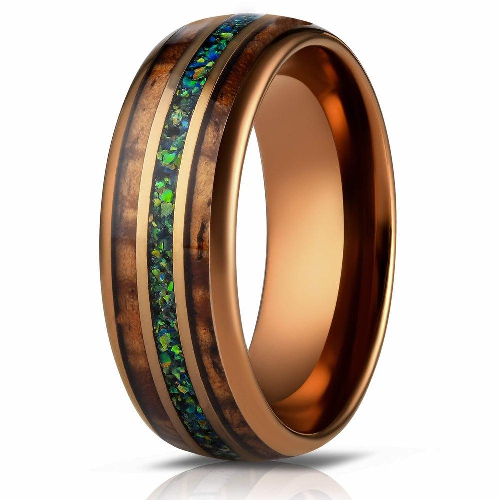 "Dionysus" Whisky Barrel x Green/Blue Opal Rose Gold Tungsten Ring-Rings By Lux