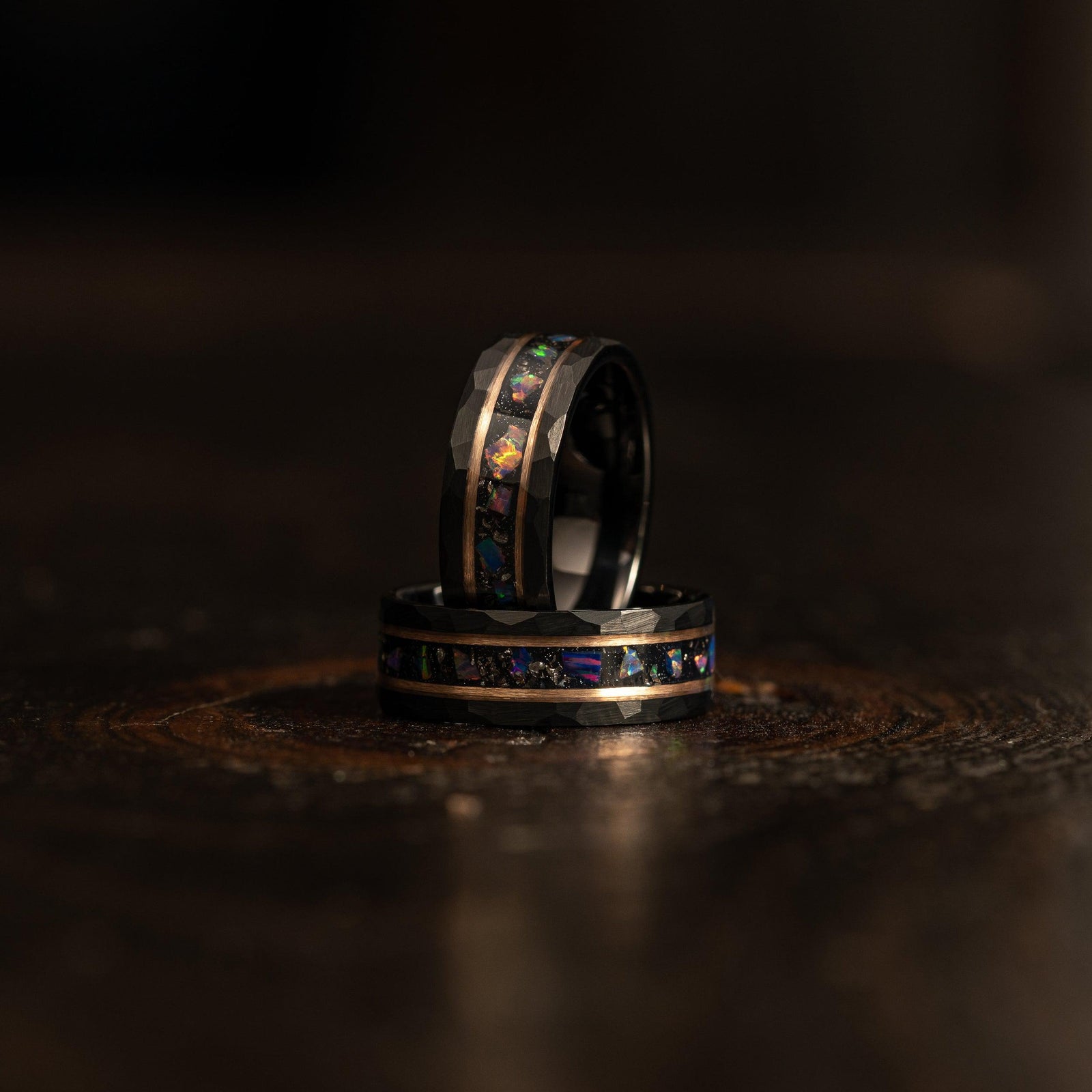 "Zeus" Hammered Tungsten Carbide Ring- Meteorite and Opal- Black/Rose- 6mm/8mm