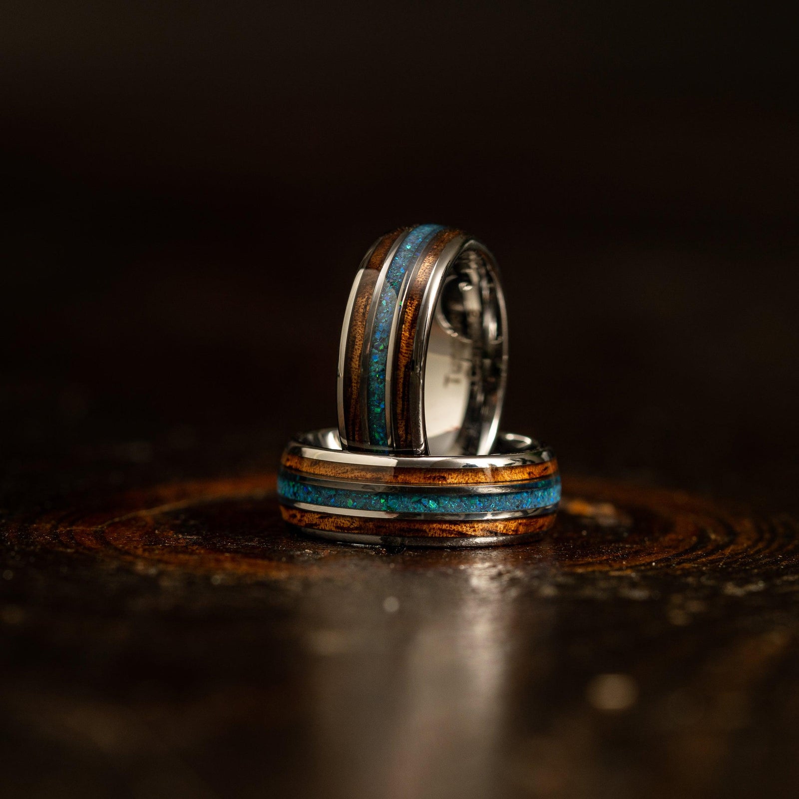 "Dionysus" Koa x Blue-Green Opal Silver Tungsten Ring