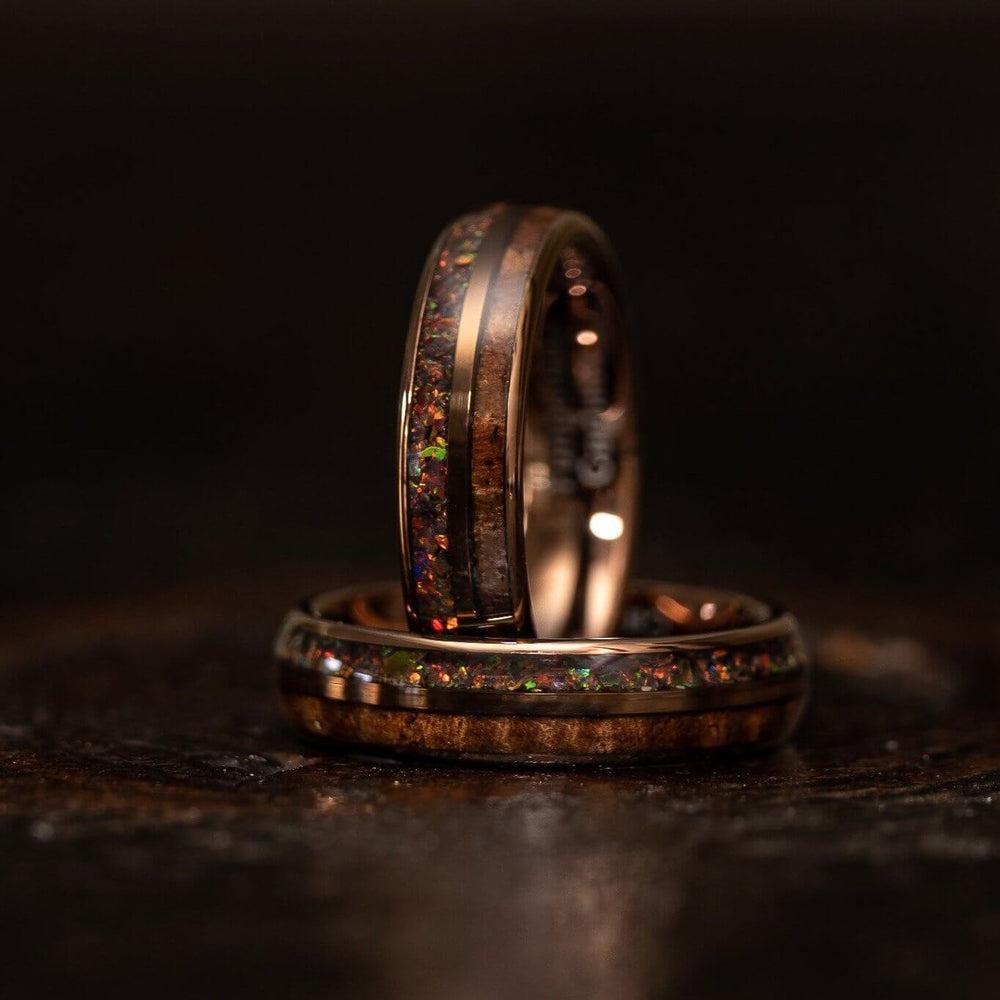 "Dionysis" Womens Tungsten Carbide Ring- Smoked Rose Gold X Rasta Opal- 5mm-Rings By Lux