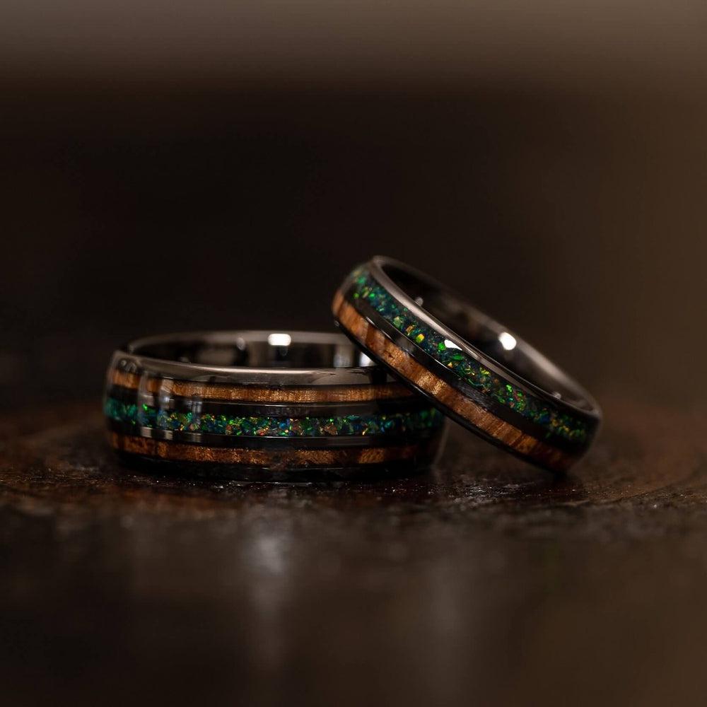 "Dionysis" Womens Tungsten Carbide Ring- Gunmetal X Blue/Green Opal- 5mm-Rings By Lux