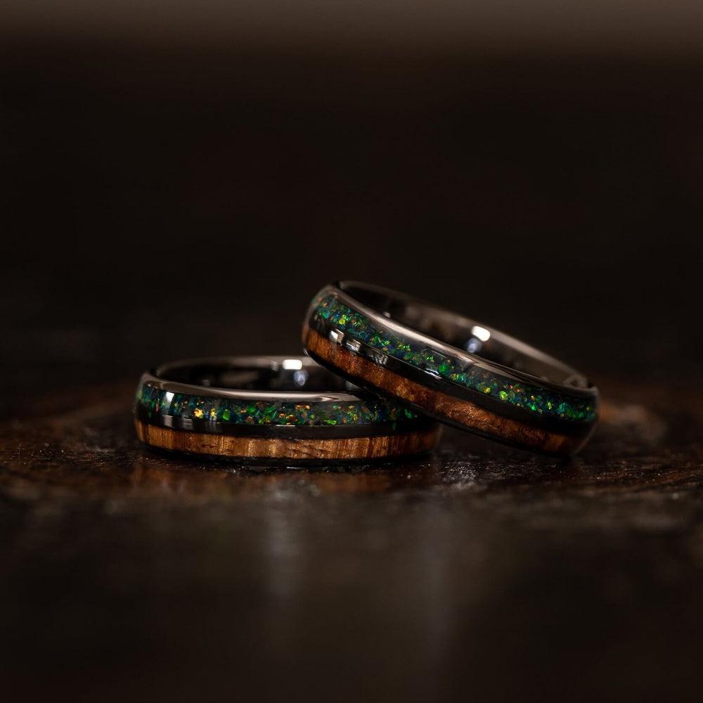 "Dionysis" Womens Tungsten Carbide Ring- Gunmetal X Blue/Green Opal- 5mm-Rings By Lux