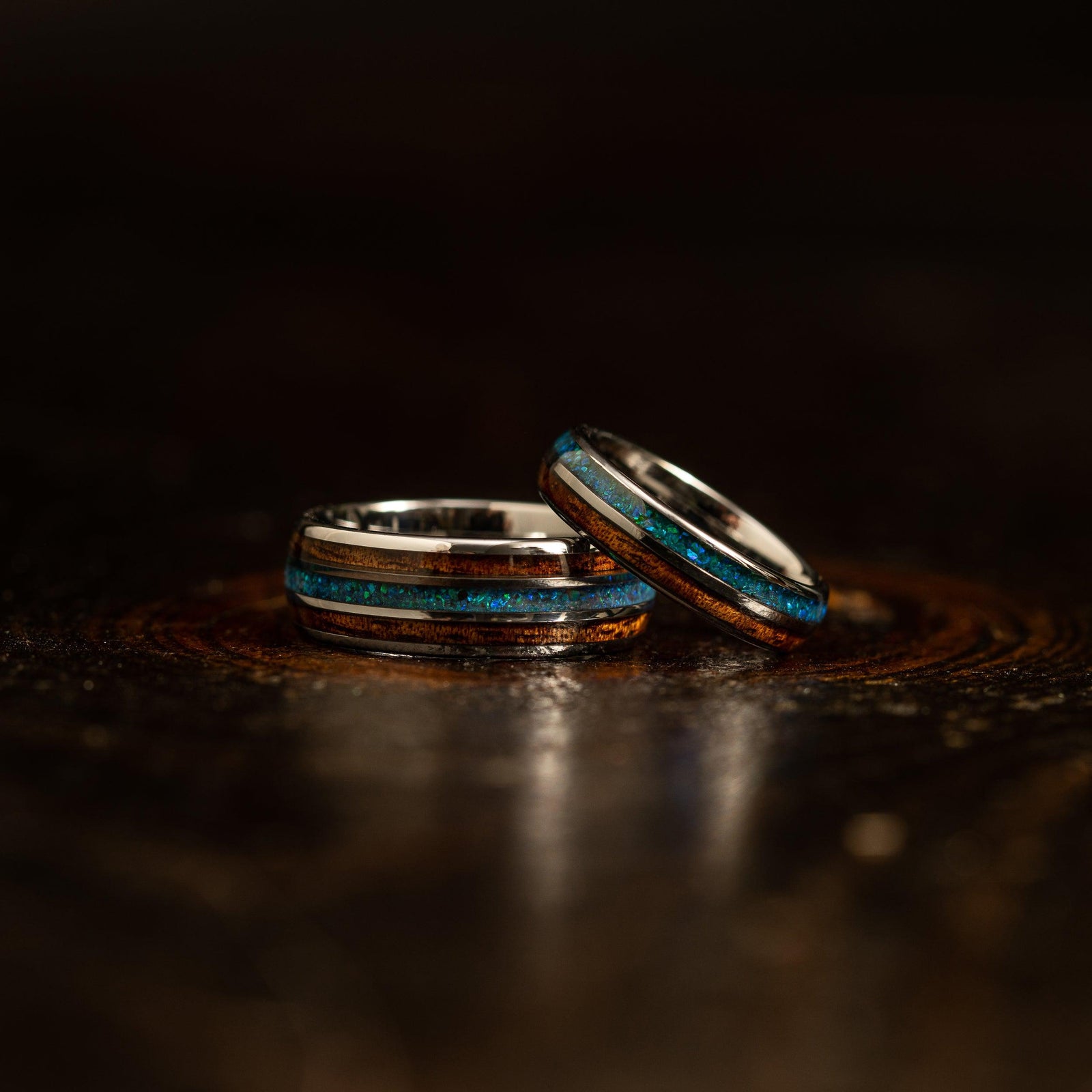 "Dionysus" Koa x Blue-Green Opal Silver Tungsten Ring