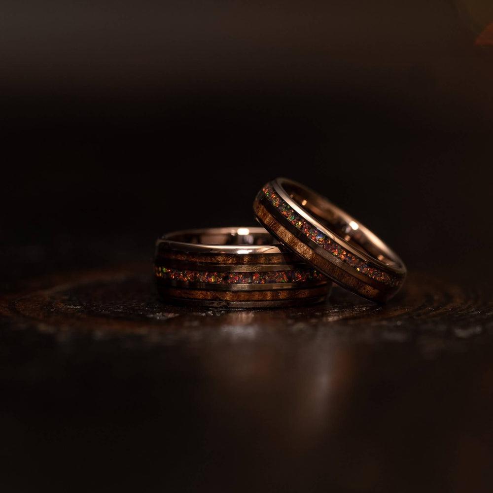 "Dionysis" Womens Tungsten Carbide Ring- Smoked Rose Gold X Rasta Opal- 5mm-Rings By Lux