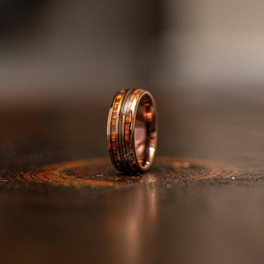 "Dionysus" Hawaiian Koa Wood x Guitar String Ring- Rose Gold Tungsten-Rings By Lux
