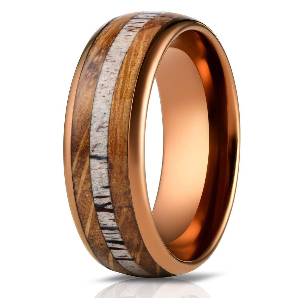 "Dionysus" Whisky Barrel Wood x Antler Ring- Rose Gold Tungsten-Rings By Lux