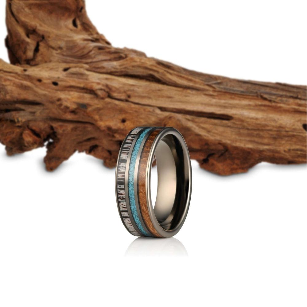 "Dionysus" Whisky Barrel x Turquoise x Naturally Shed Antler Gunmetal Tungsten Ring- Flat-Rings By Lux