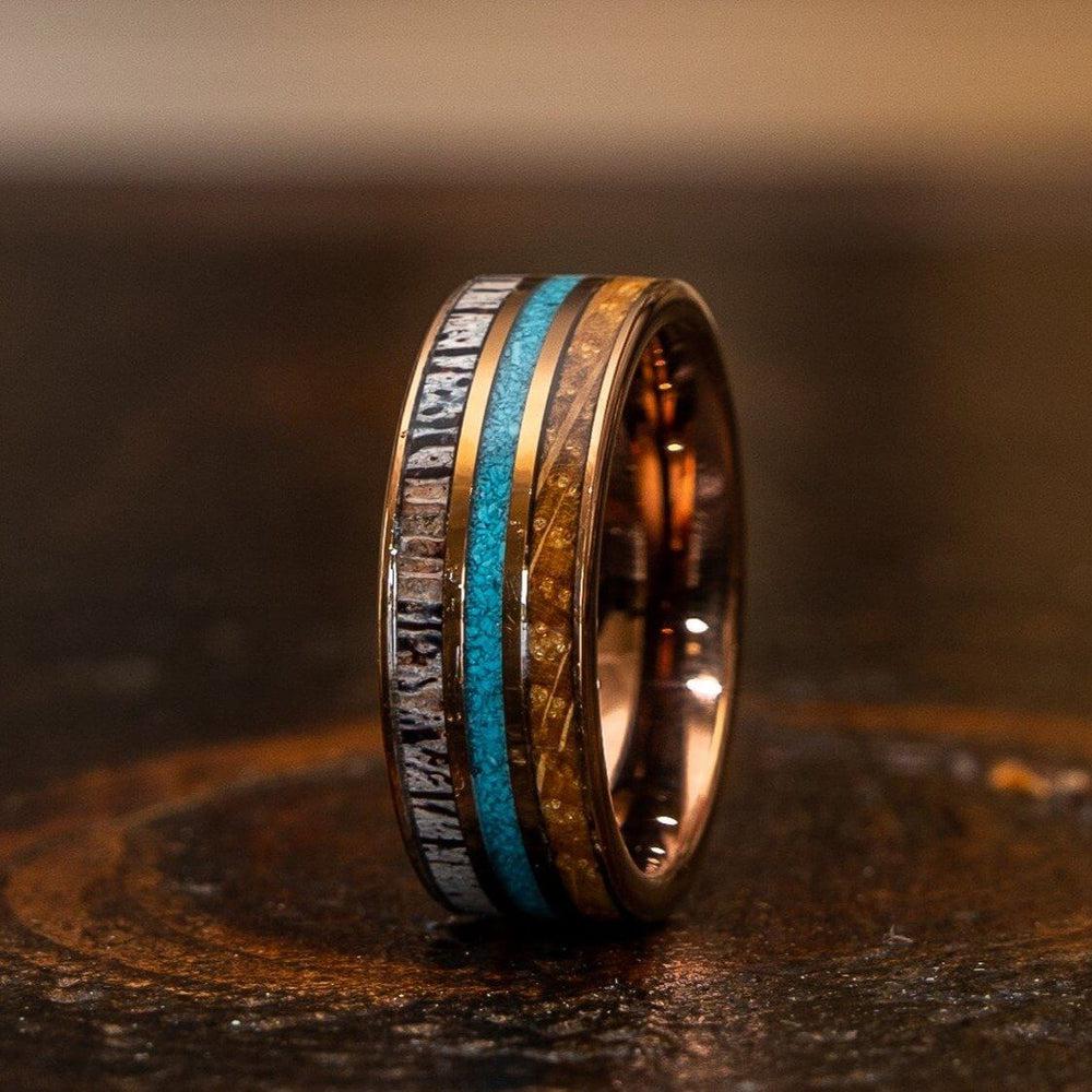 "Dionysus" Whisky Barrel x Turquoise x Naturally Shed Antler Rose Gold Ring- Flat-Rings By Lux