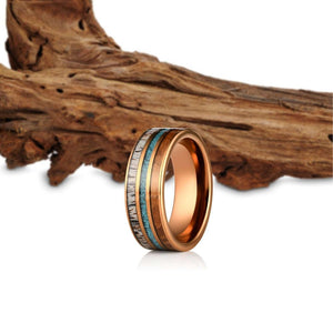 "Dionysus" Whisky Barrel x Turquoise x Naturally Shed Antler Rose Gold Ring- Flat-Rings By Lux