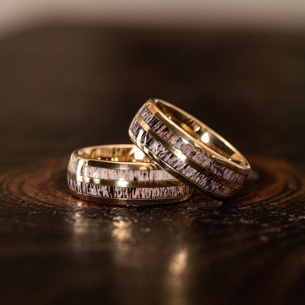 "Dionysus" Double Barrel Naturally Shed Antler Yellow Gold Tungsten Ring- Domed-Rings By Lux