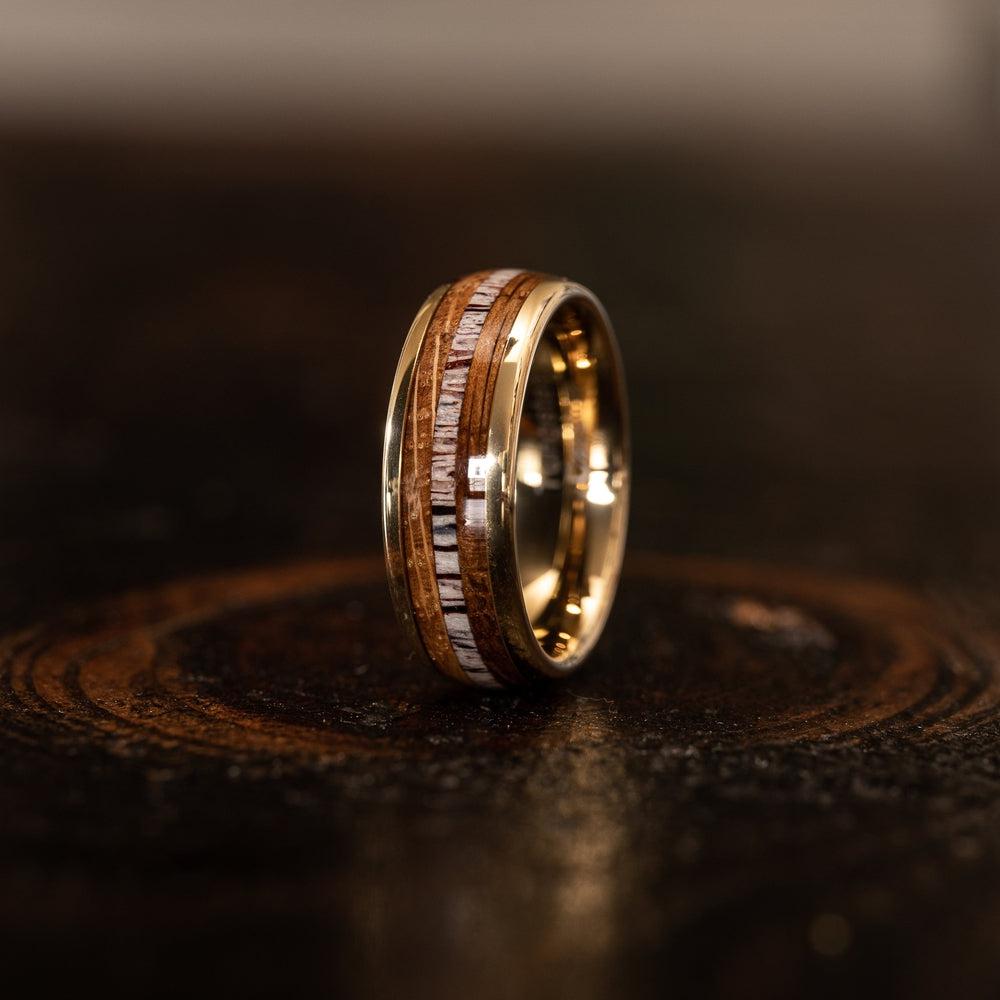 "Dionysus" Whisky Barrel Wood x Antler Ring- Yellow Gold Tungsten-Rings By Lux