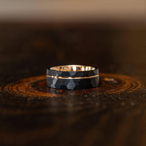 "Zeus" Hammered Tungsten Carbide Ring- Black w/ Rose Gold Strip- 8mm-Rings By Lux