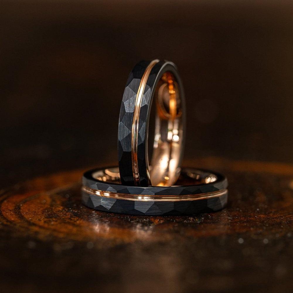 "Zeus" Womens Hammered Tungsten Carbide Ring- Black w/ Rose Gold Strip- 4mm-Rings By Lux
