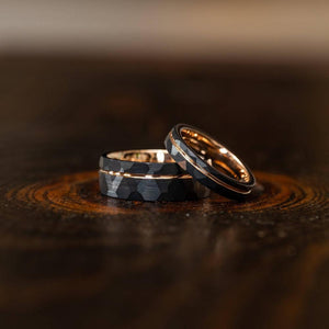 "Zeus" Hammered Tungsten Carbide Ring- Black w/ Rose Gold Strip- 8mm-Rings By Lux