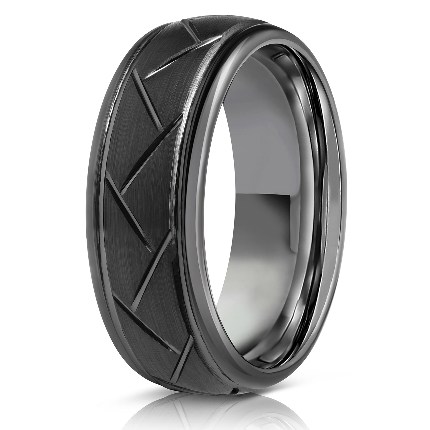 "Aries" Black Tungsten Carbide Ring- Domed with Cut- 8mm