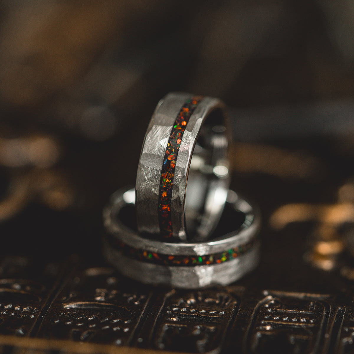 "Fire Root"  Rasta Opal x Brushed Hammered Tungsten Carbide- Silver