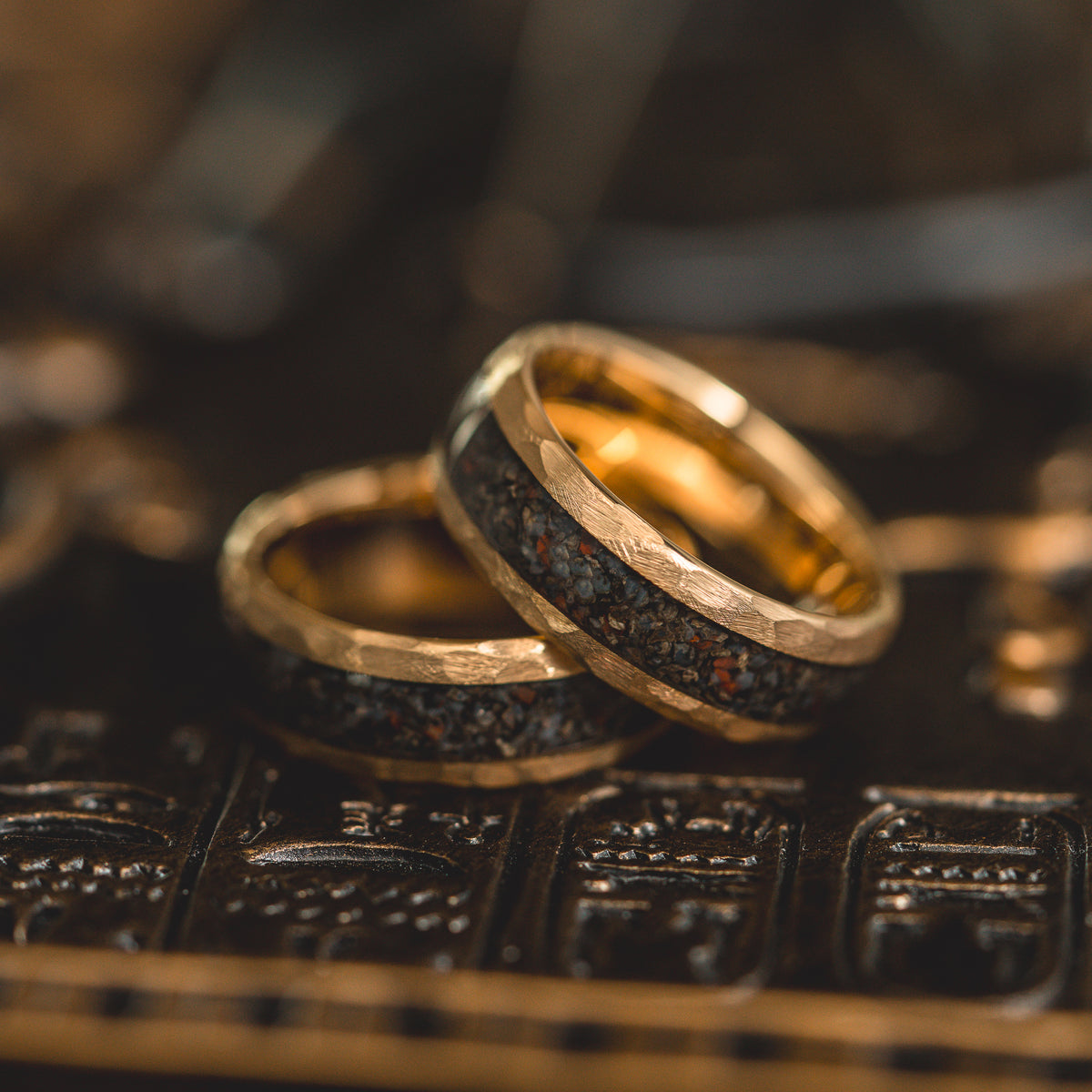 "HellCreek Ember"  Dinosaur Bone x Hammered Tungsten Carbide- Gold