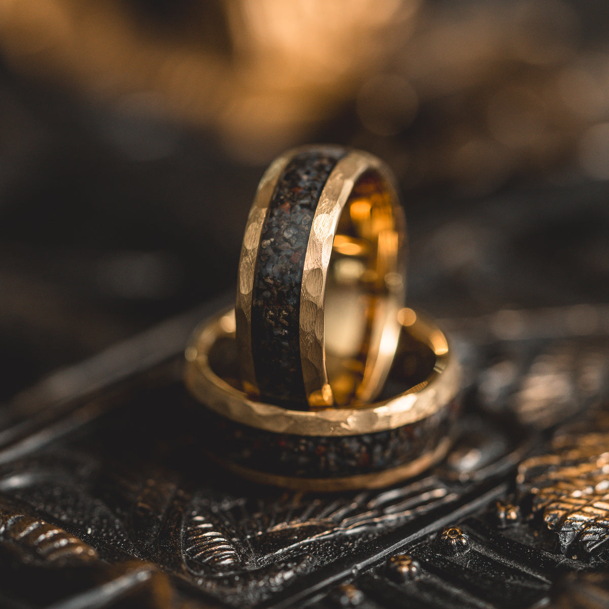 "HellCreek Ember"  Dinosaur Bone x Hammered Tungsten Carbide- Gold