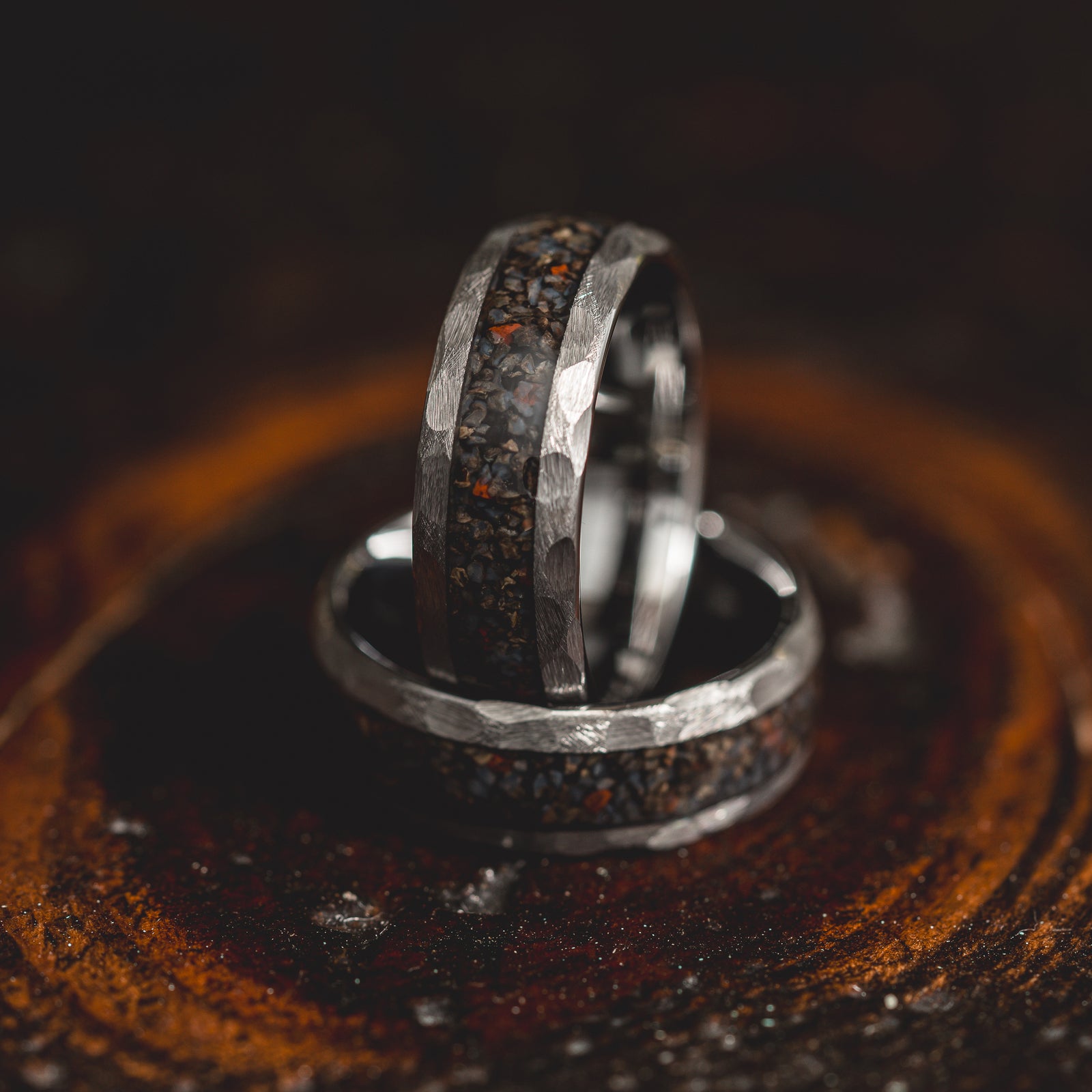 "HellCreek Ember"  Dinosaur Bone x Hammered Tungsten Carbide- Silver